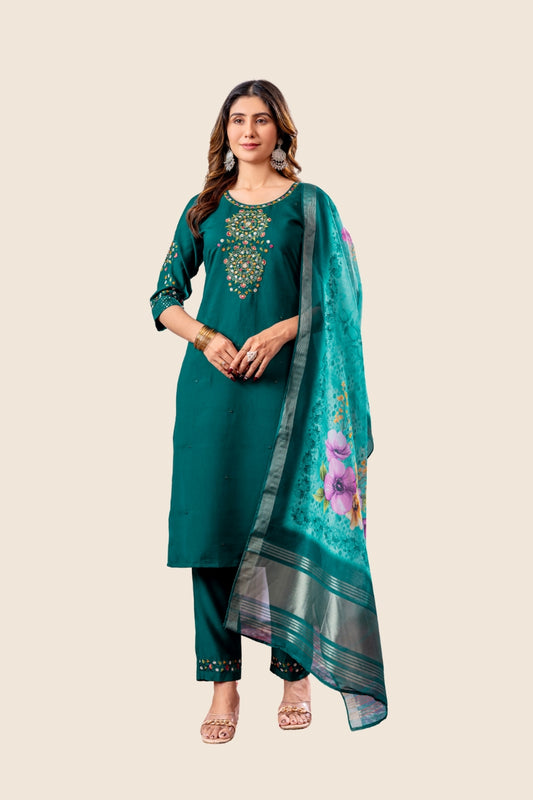 Elegant Embroidered Straight Suit with Printed Dupatta
