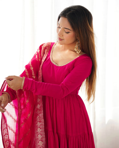Tiered Anarkali Set in RomanSilk Chanderi with Brocade Dupatta