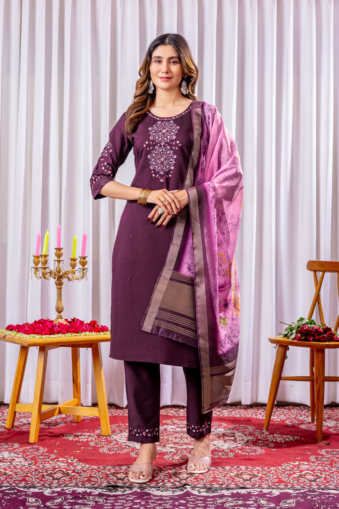 Elegant Embroidered Straight Suit with Printed Dupatta