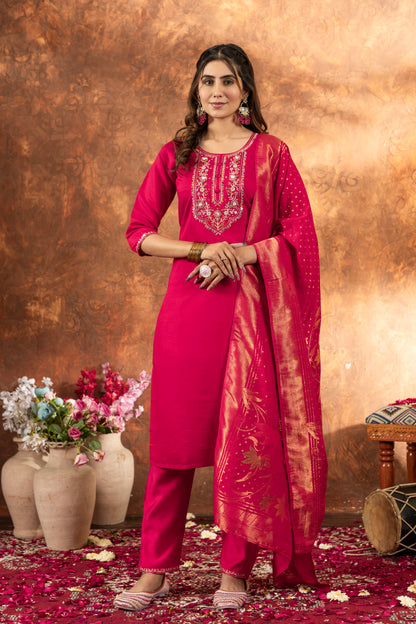 Elegant Marina Silk Straight Kurti Pant Dupatta Set