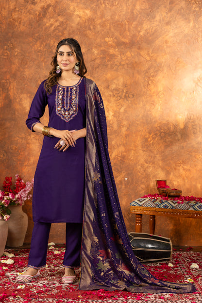Elegant Marina Silk Straight Kurti Pant Dupatta Set