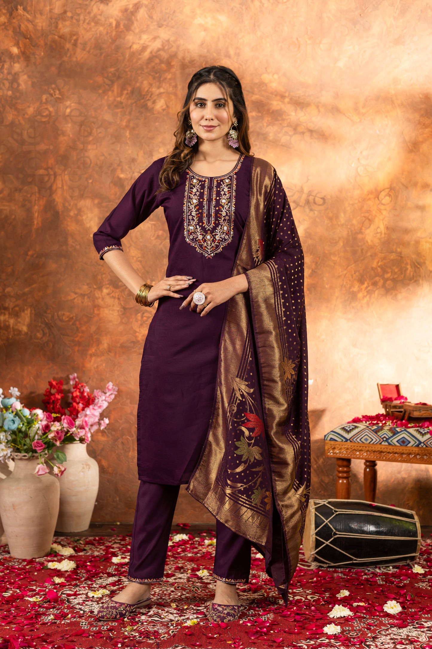 Elegant Marina Silk Straight Kurti Pant Dupatta Set