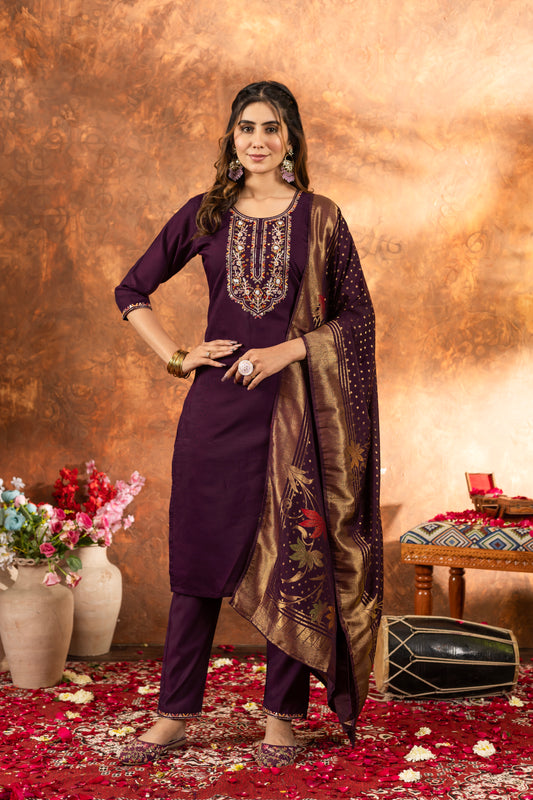 Elegant Marina Silk Straight Kurti Pant Dupatta Set