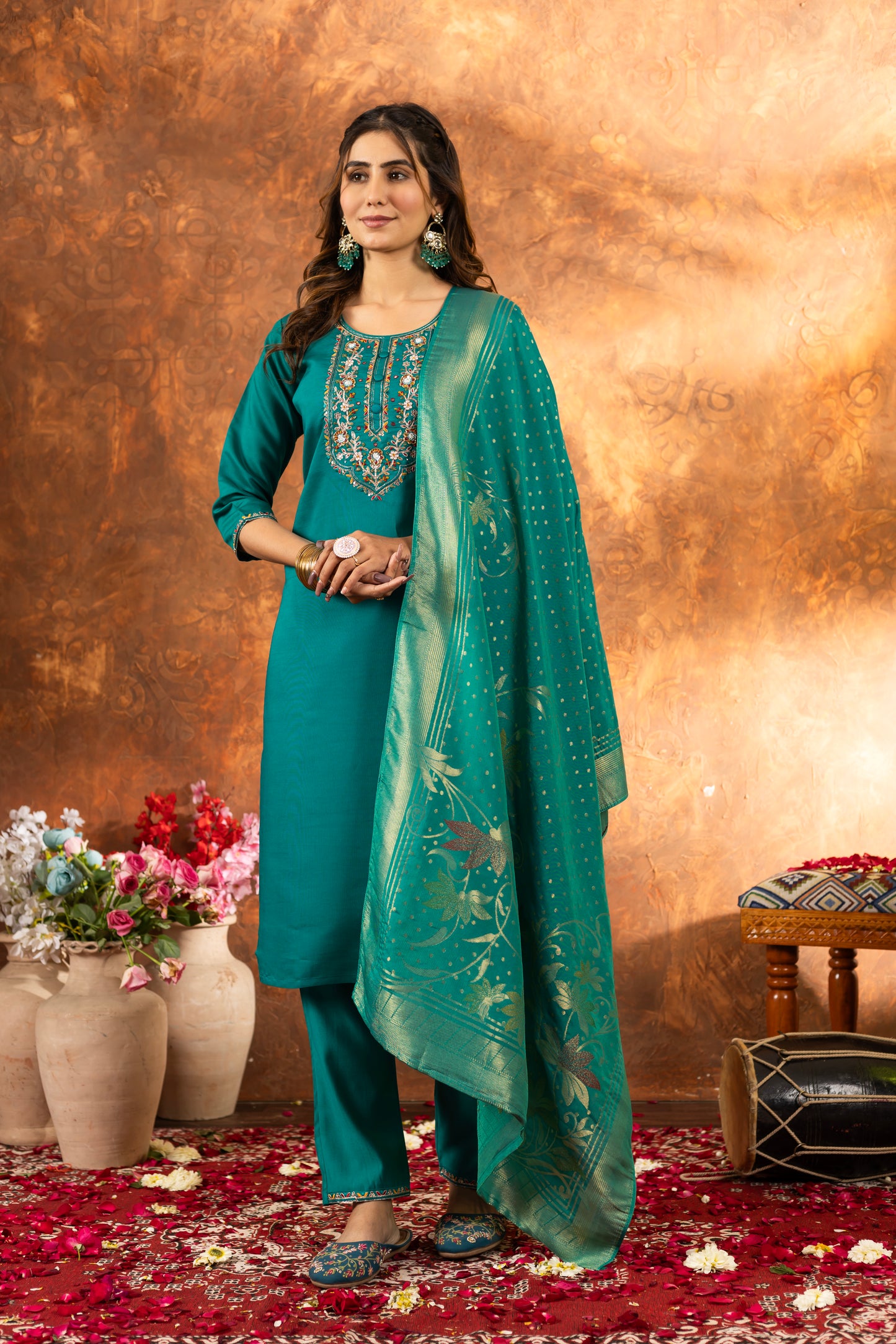 Elegant Marina Silk Straight Kurti Pant Dupatta Set