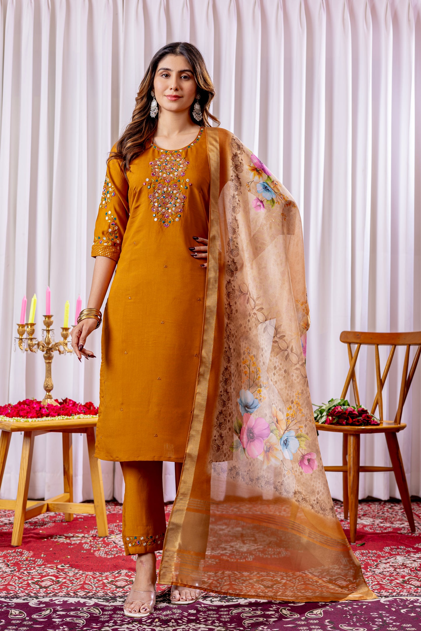 Elegant Embroidered Straight Suit with Printed Dupatta