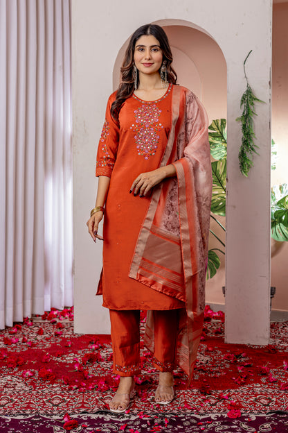 Elegant Embroidered Straight Suit with Printed Dupatta