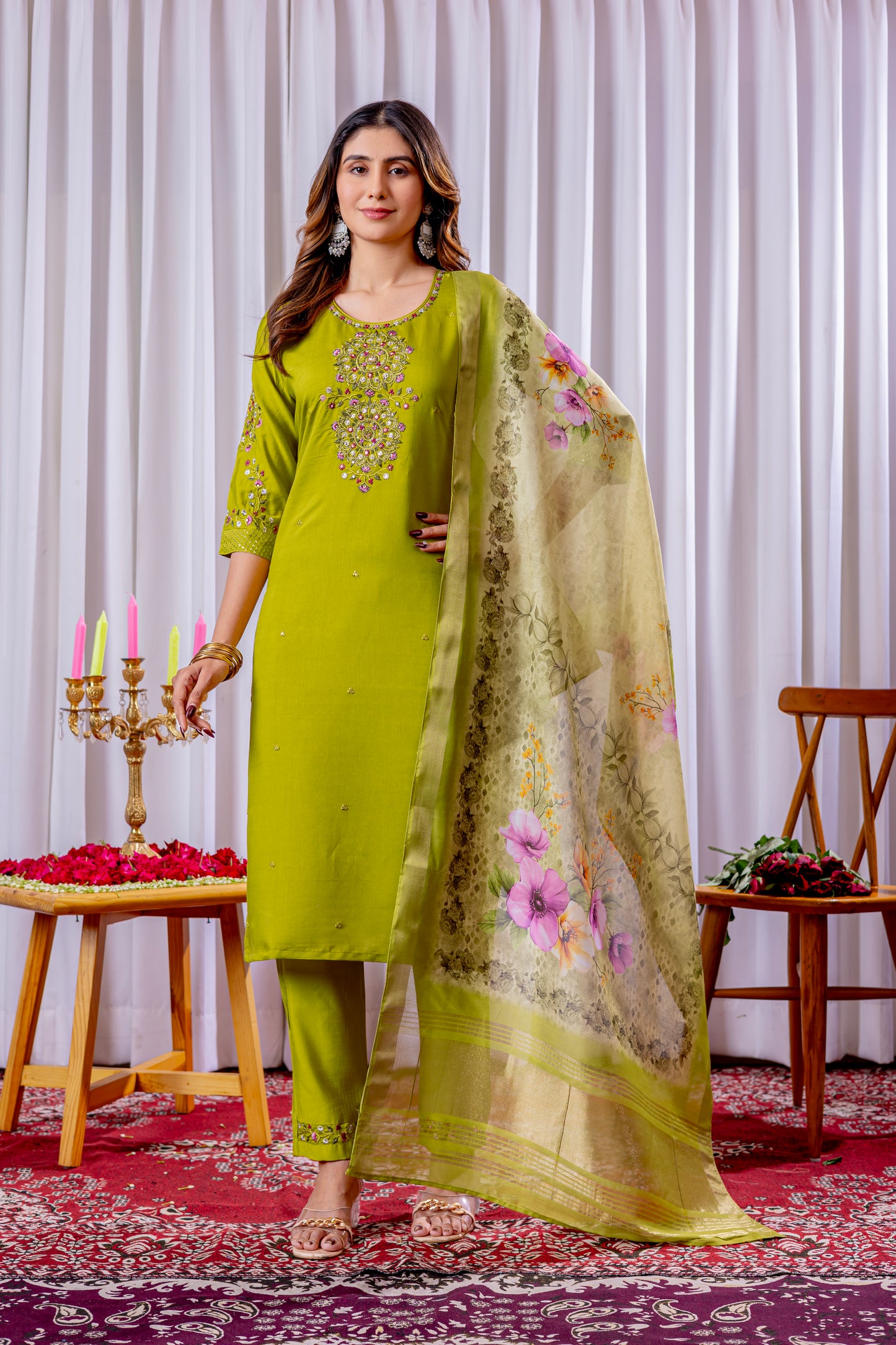 Elegant Embroidered Straight Suit with Printed Dupatta
