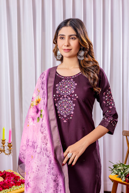 Elegant Embroidered Straight Suit with Printed Dupatta
