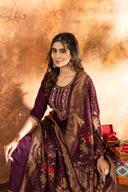 Elegant Marina Silk Straight Kurti Pant Dupatta Set
