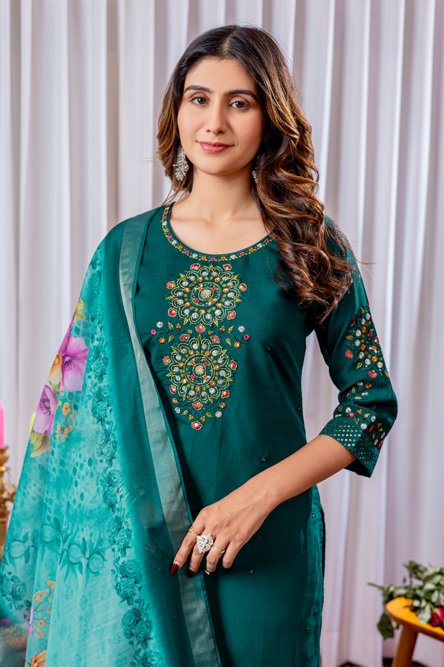 Elegant Embroidered Straight Suit with Printed Dupatta