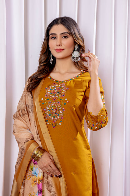 Elegant Embroidered Straight Suit with Printed Dupatta