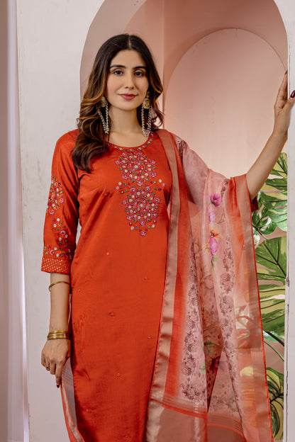 Elegant Embroidered Straight Suit with Printed Dupatta