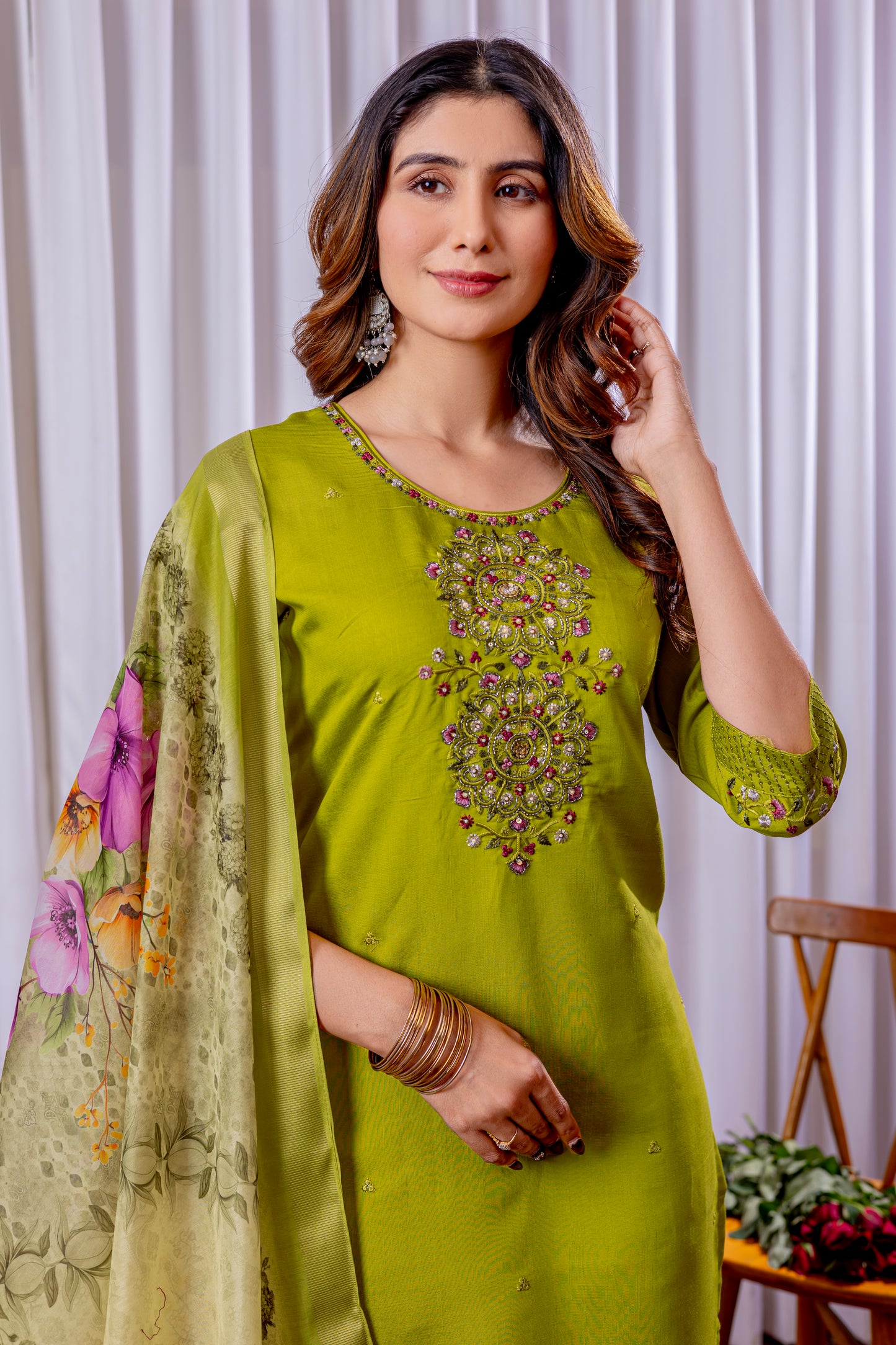 Elegant Embroidered Straight Suit with Printed Dupatta