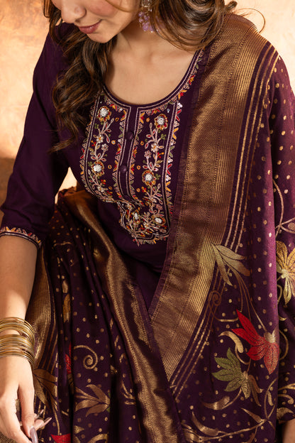Elegant Marina Silk Straight Kurti Pant Dupatta Set