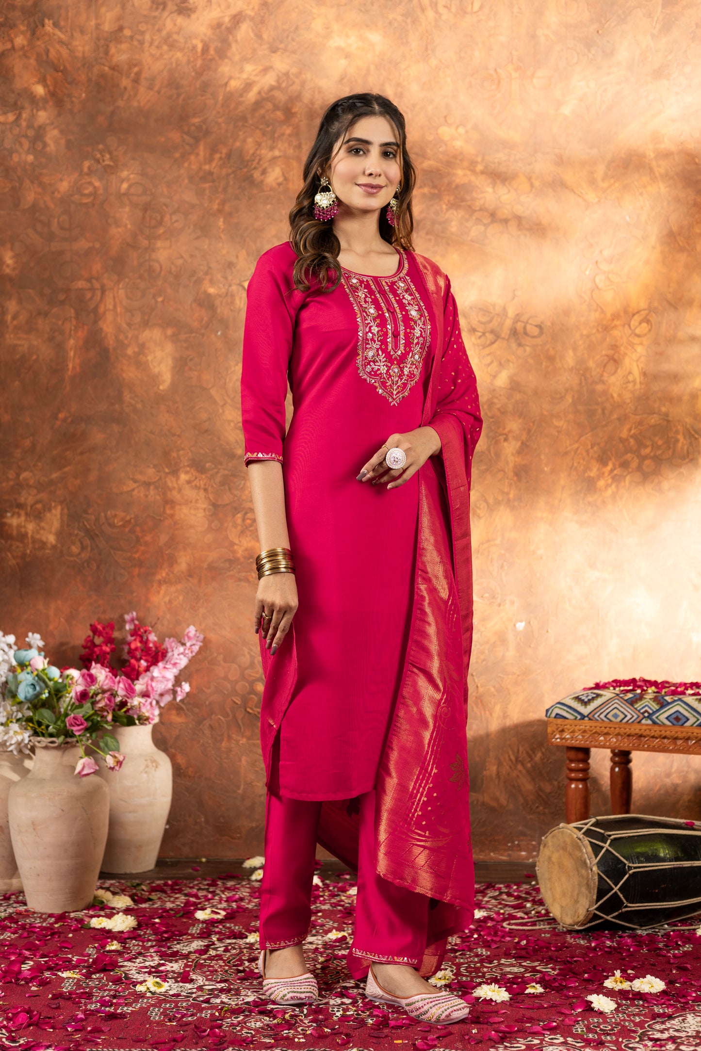 Elegant Marina Silk Straight Kurti Pant Dupatta Set