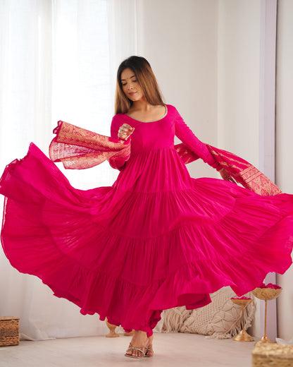 Tiered Anarkali Set in RomanSilk Chanderi with Brocade Dupatta