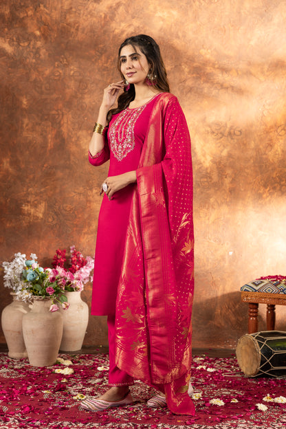 Elegant Marina Silk Straight Kurti Pant Dupatta Set