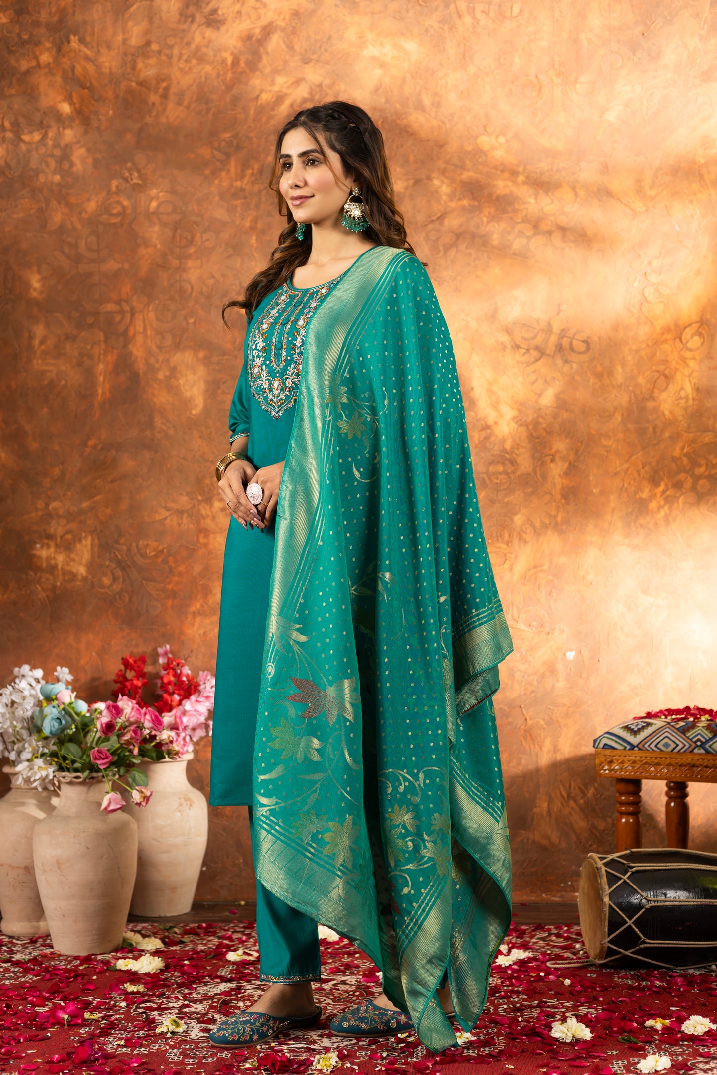 Elegant Marina Silk Straight Kurti Pant Dupatta Set