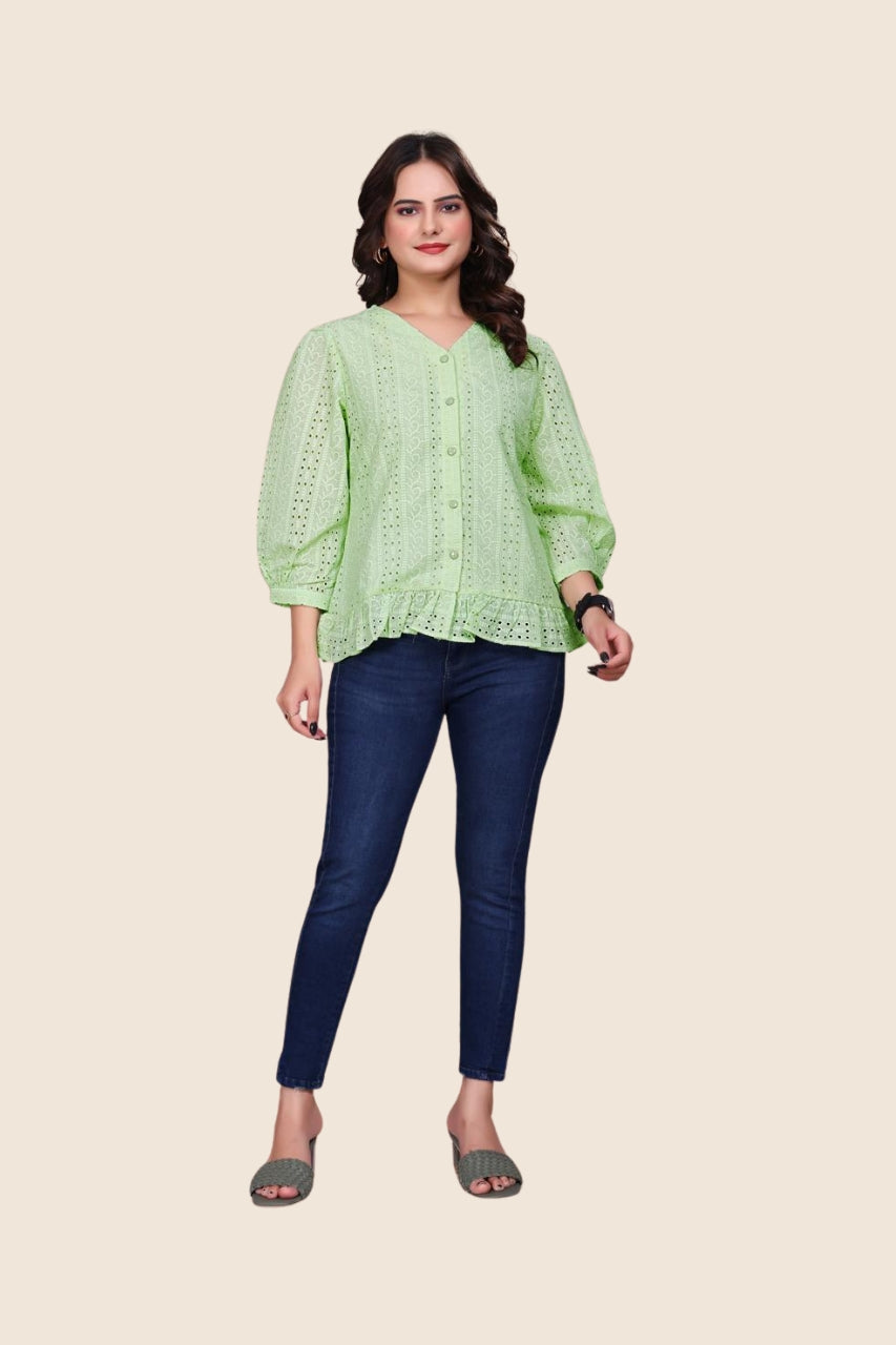 Bloom Ruffle Hem Shiffli Shirt
