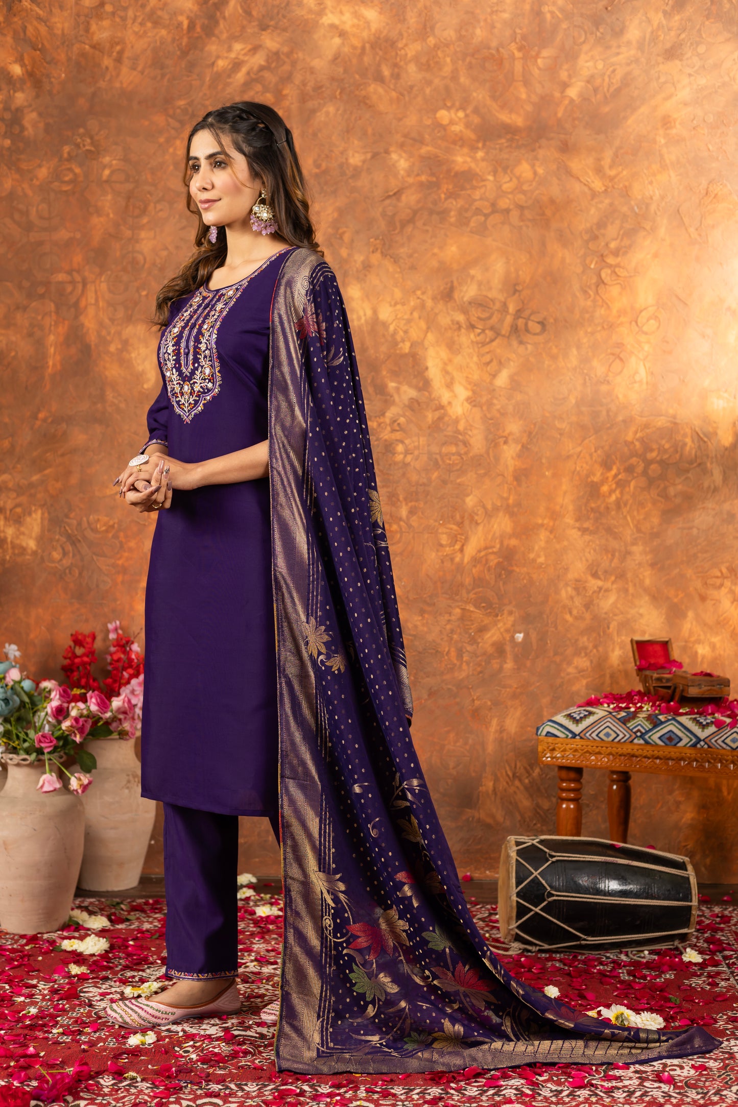 Elegant Marina Silk Straight Kurti Pant Dupatta Set