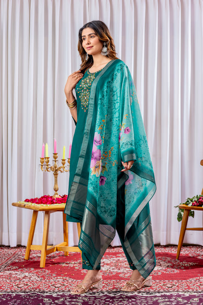 Elegant Embroidered Straight Suit with Printed Dupatta