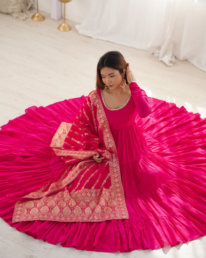 Tiered Anarkali Set in RomanSilk Chanderi with Brocade Dupatta