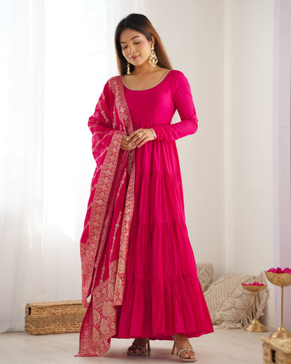 Tiered Anarkali Set in RomanSilk Chanderi with Brocade Dupatta