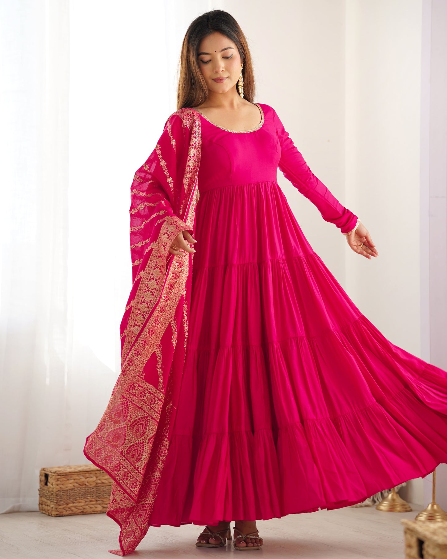 Tiered Anarkali Set in RomanSilk Chanderi with Brocade Dupatta