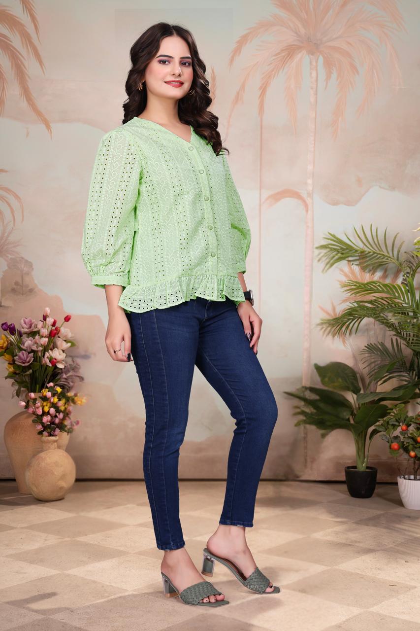 Bloom Ruffle Hem Shiffli Shirt