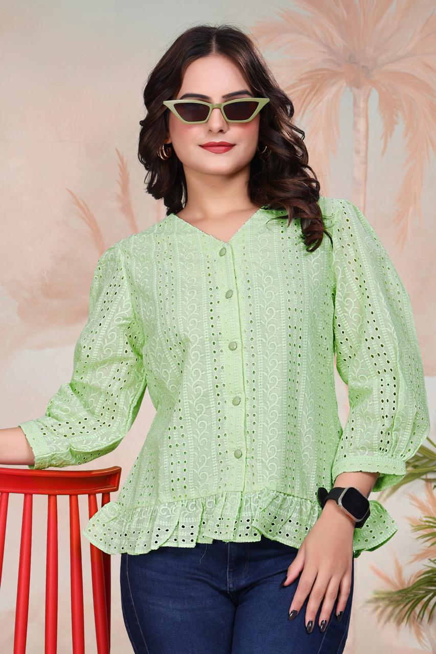 Bloom Ruffle Hem Shiffli Shirt