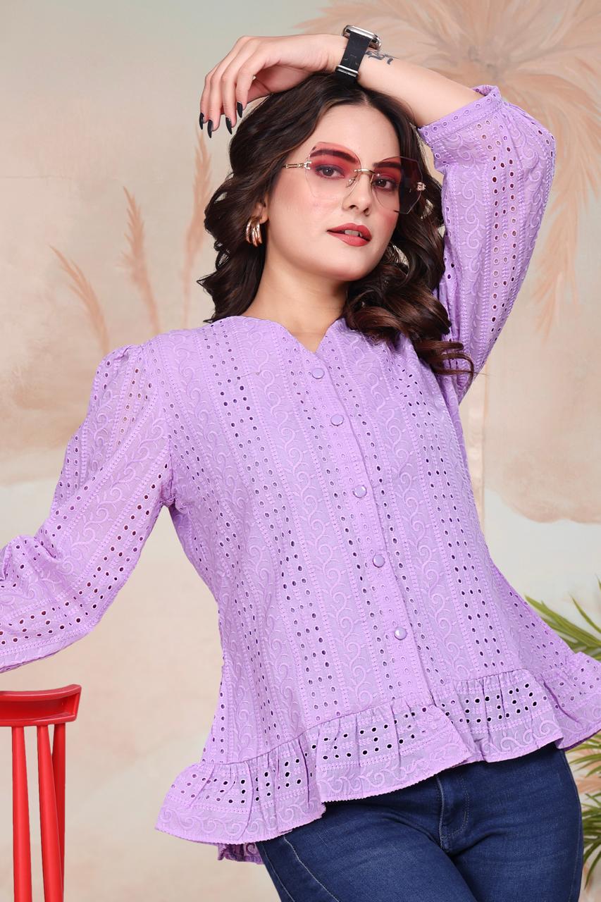 Bloom Ruffle Hem Shiffli Shirt