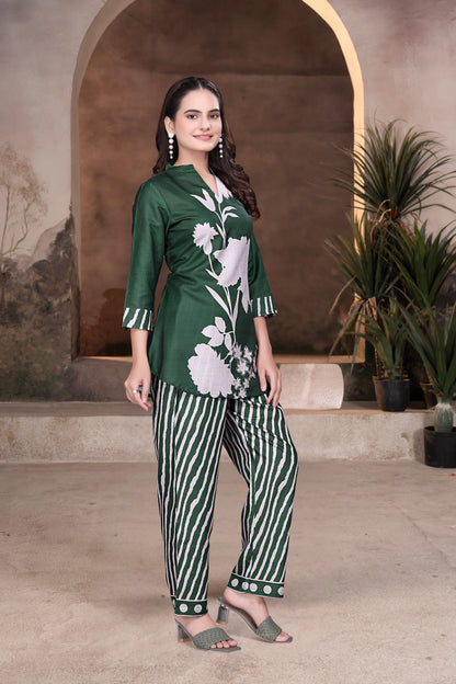 Elegant Green Floral Digital Printed Co-Ord Set