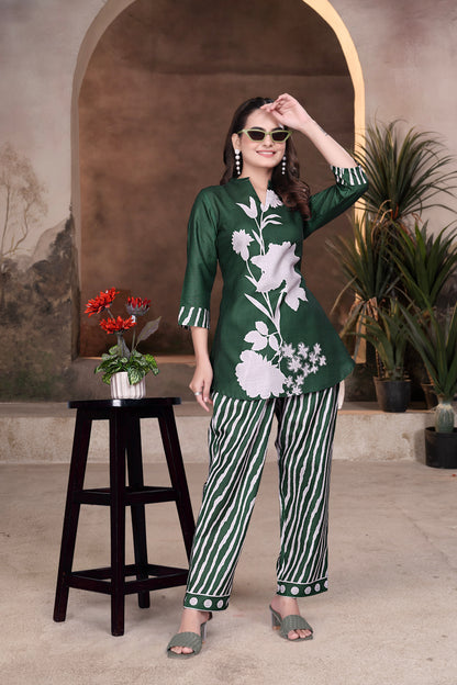 Elegant Green Floral Digital Printed Co-Ord Set