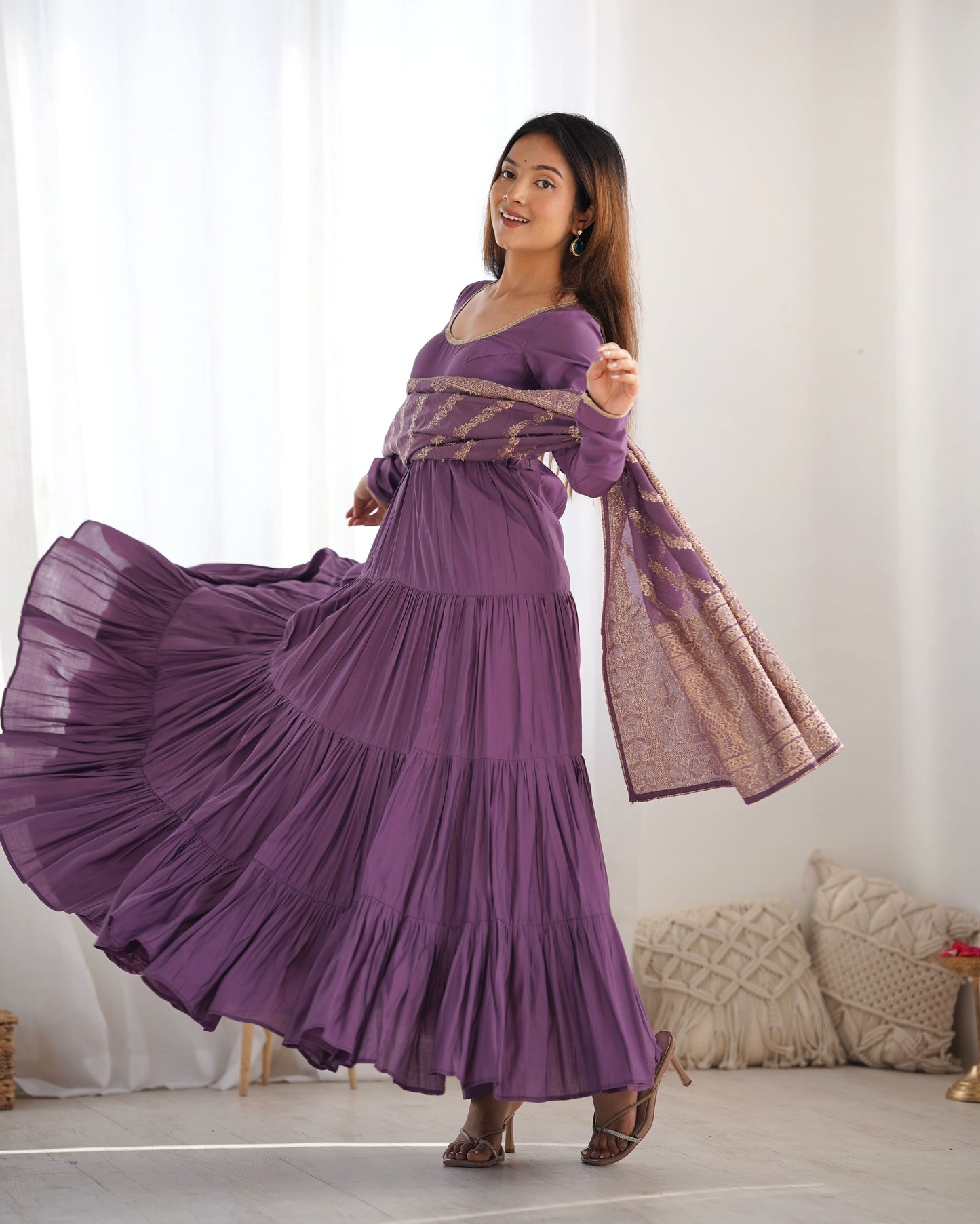 Tiered Anarkali Set in RomanSilk Chanderi with Brocade Dupatta