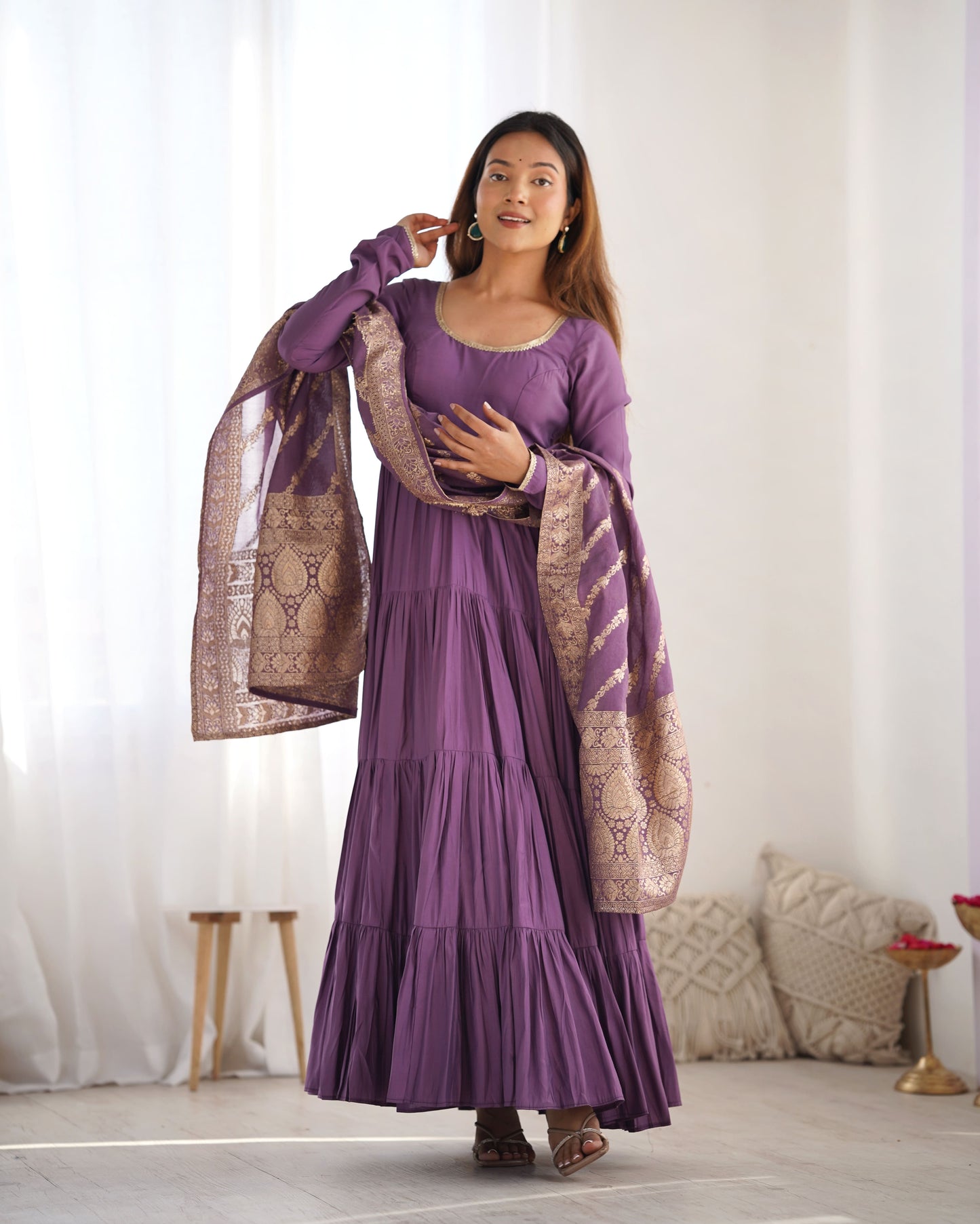 Tiered Anarkali Set in RomanSilk Chanderi with Brocade Dupatta