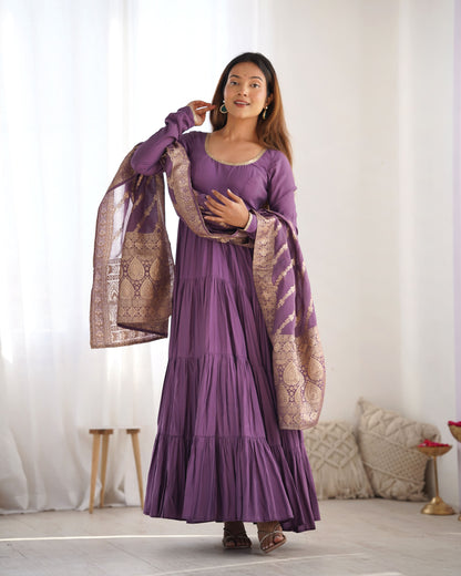Tiered Anarkali Set in RomanSilk Chanderi with Brocade Dupatta