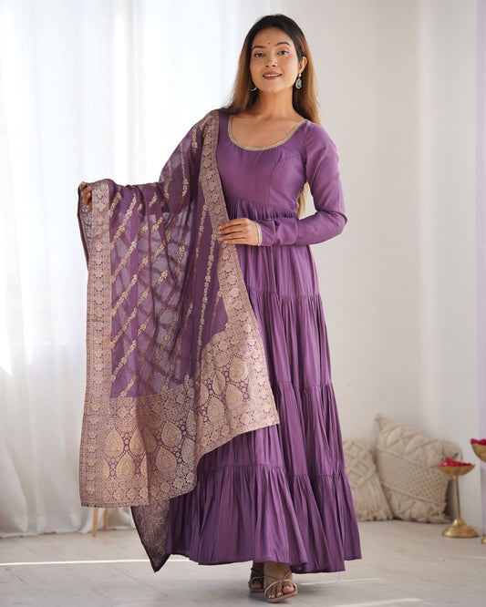 Tiered Anarkali Set in RomanSilk Chanderi with Brocade Dupatta
