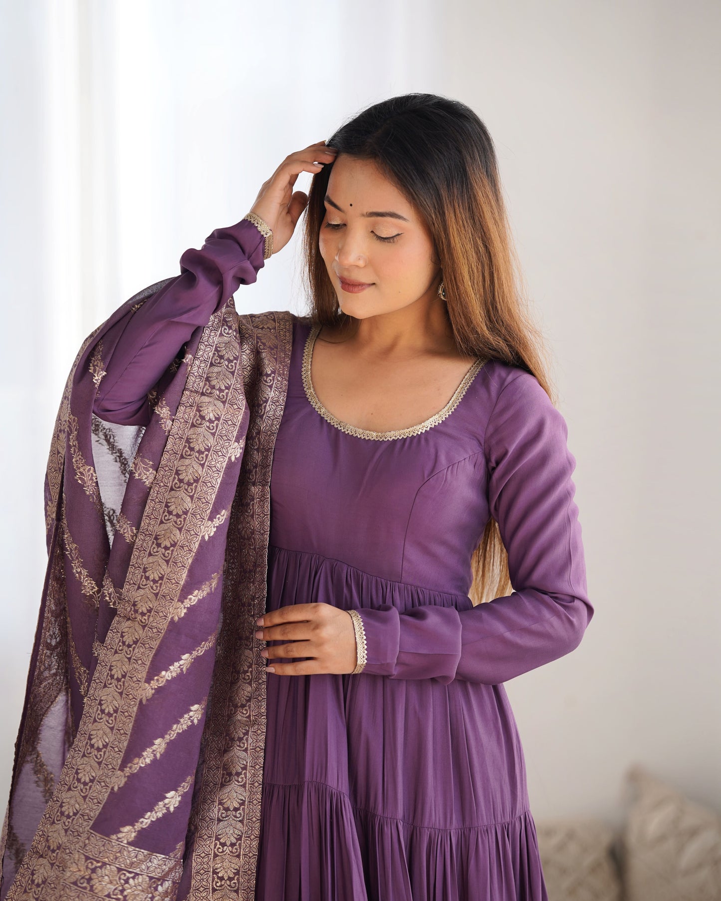 Tiered Anarkali Set in RomanSilk Chanderi with Brocade Dupatta