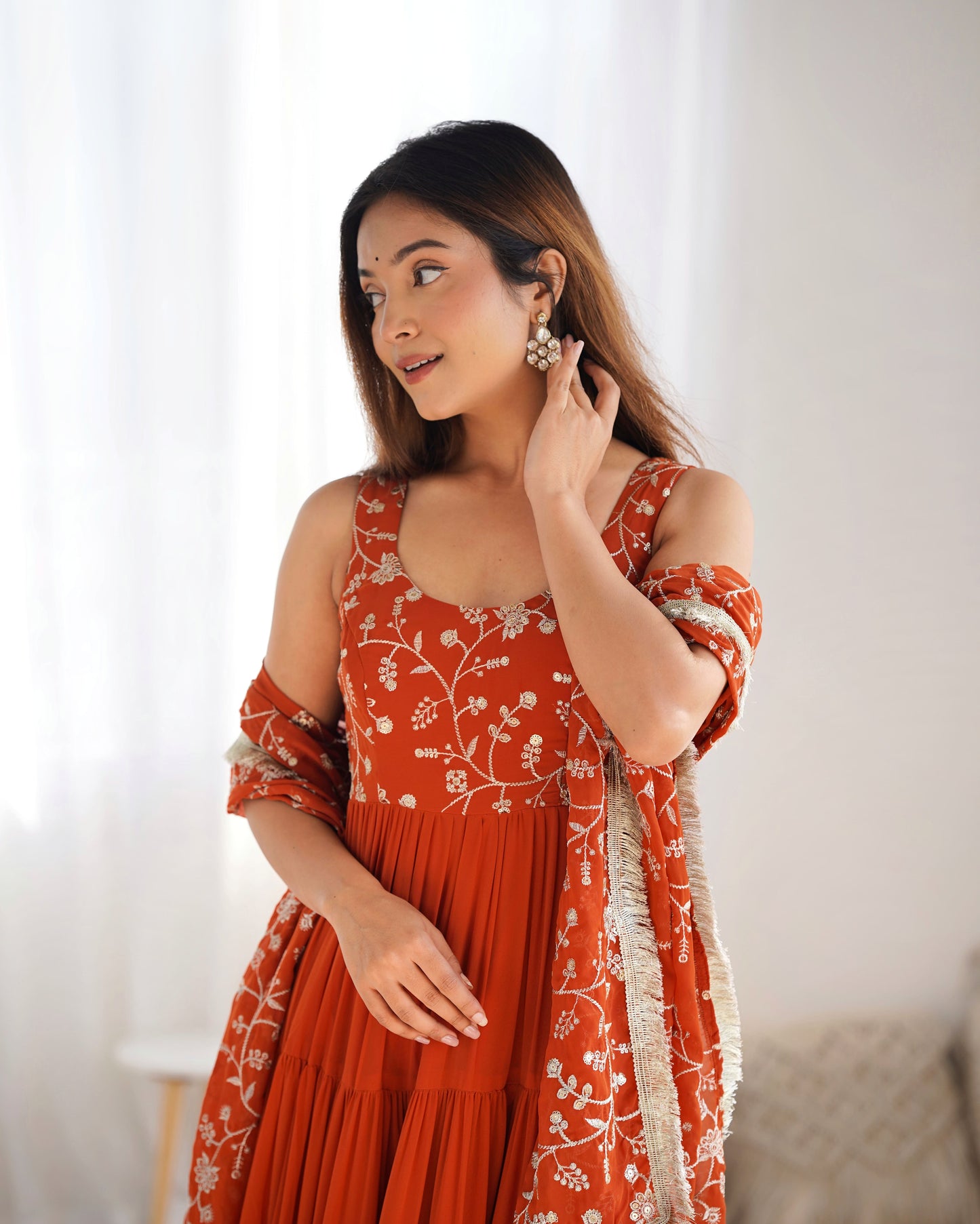 Rust Aura Fox Georgette Anarkali Set
