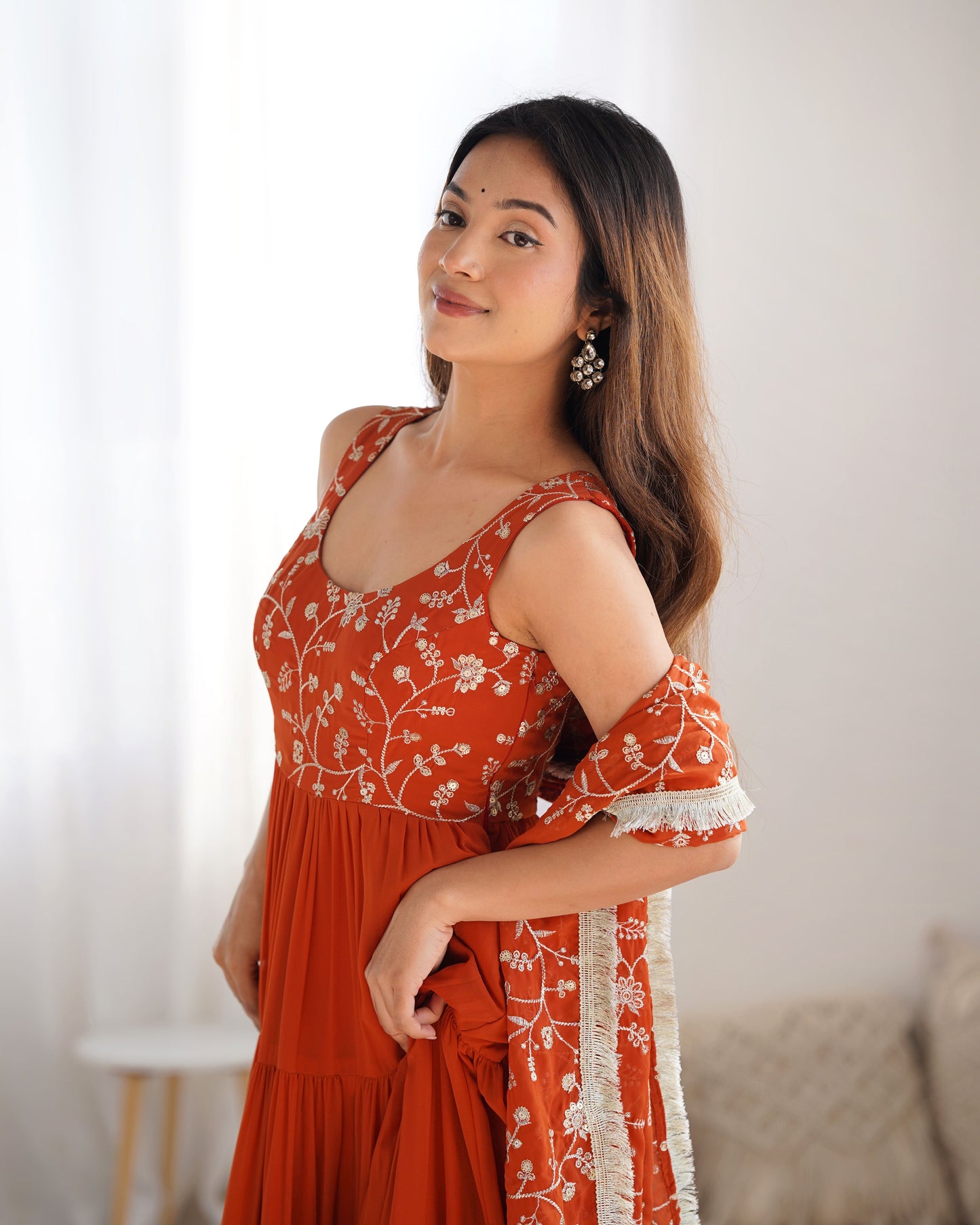 Rust Aura Fox Georgette Anarkali Set
