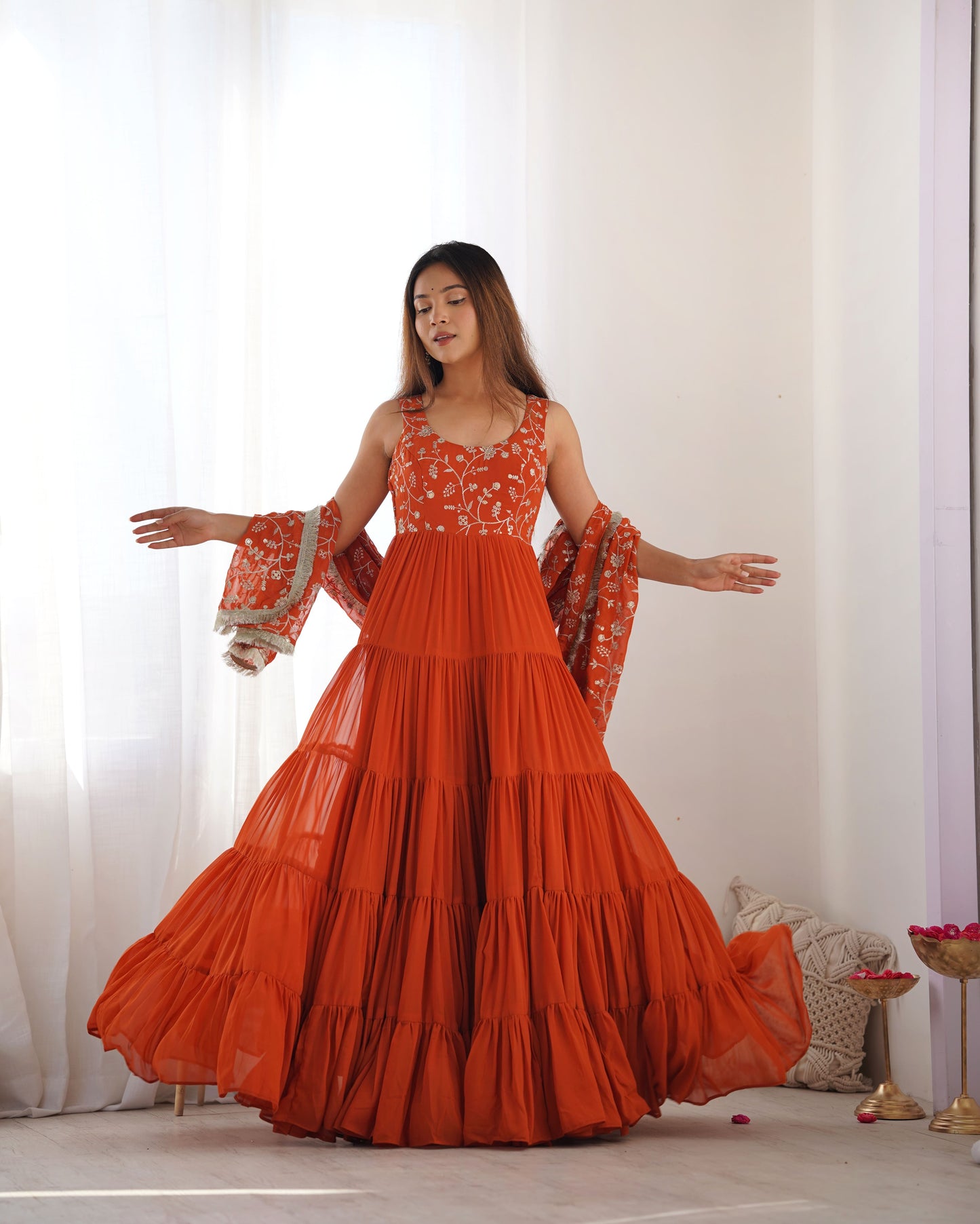 Rust Aura Fox Georgette Anarkali Set