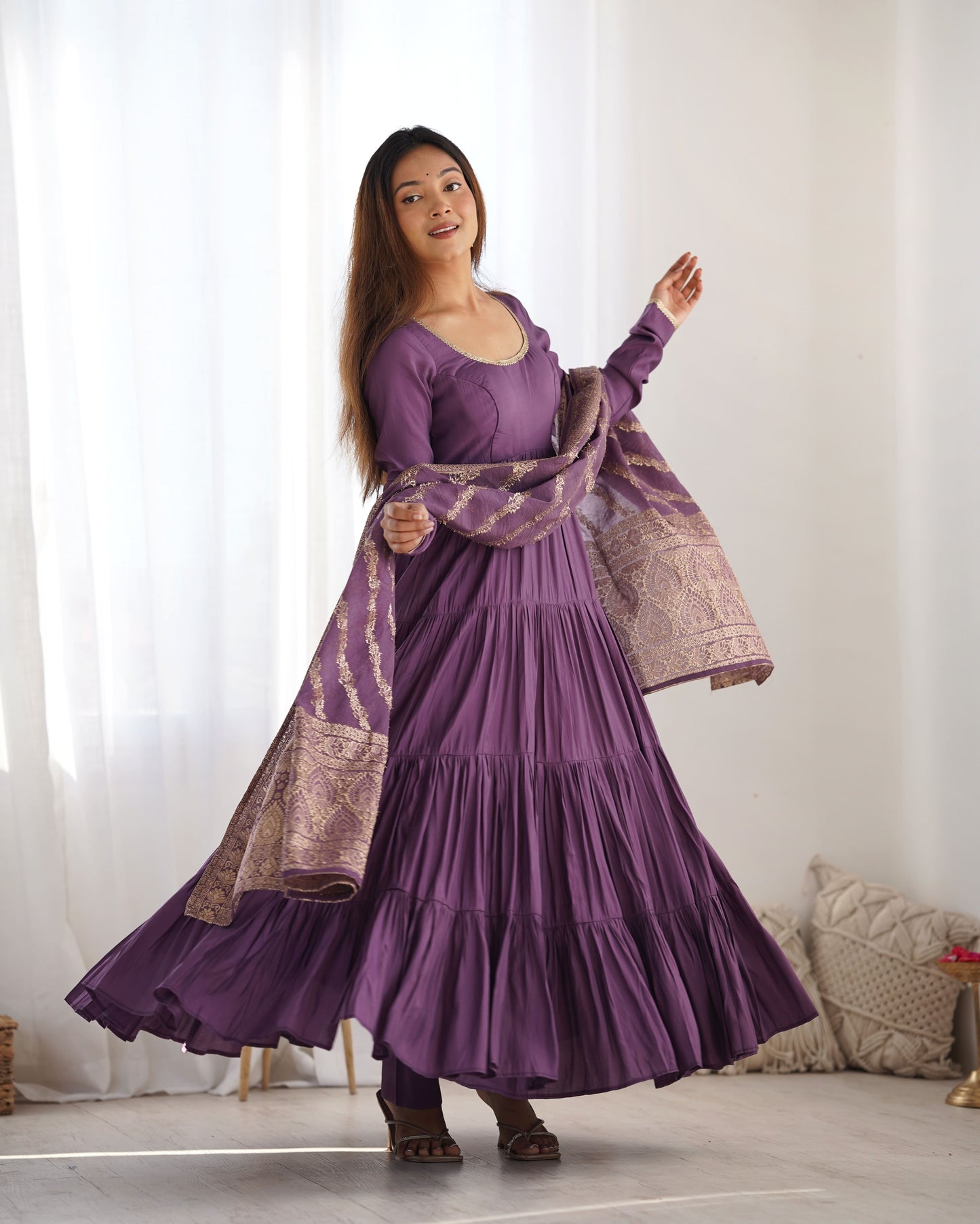 Tiered Anarkali Set in RomanSilk Chanderi with Brocade Dupatta