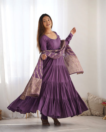 Tiered Anarkali Set in RomanSilk Chanderi with Brocade Dupatta