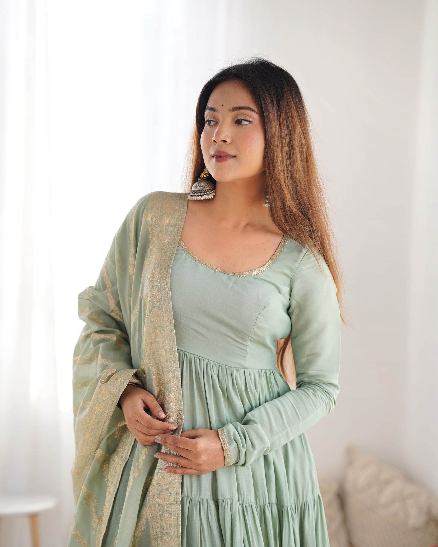 Tiered Anarkali Set in RomanSilk Chanderi with Brocade Dupatta