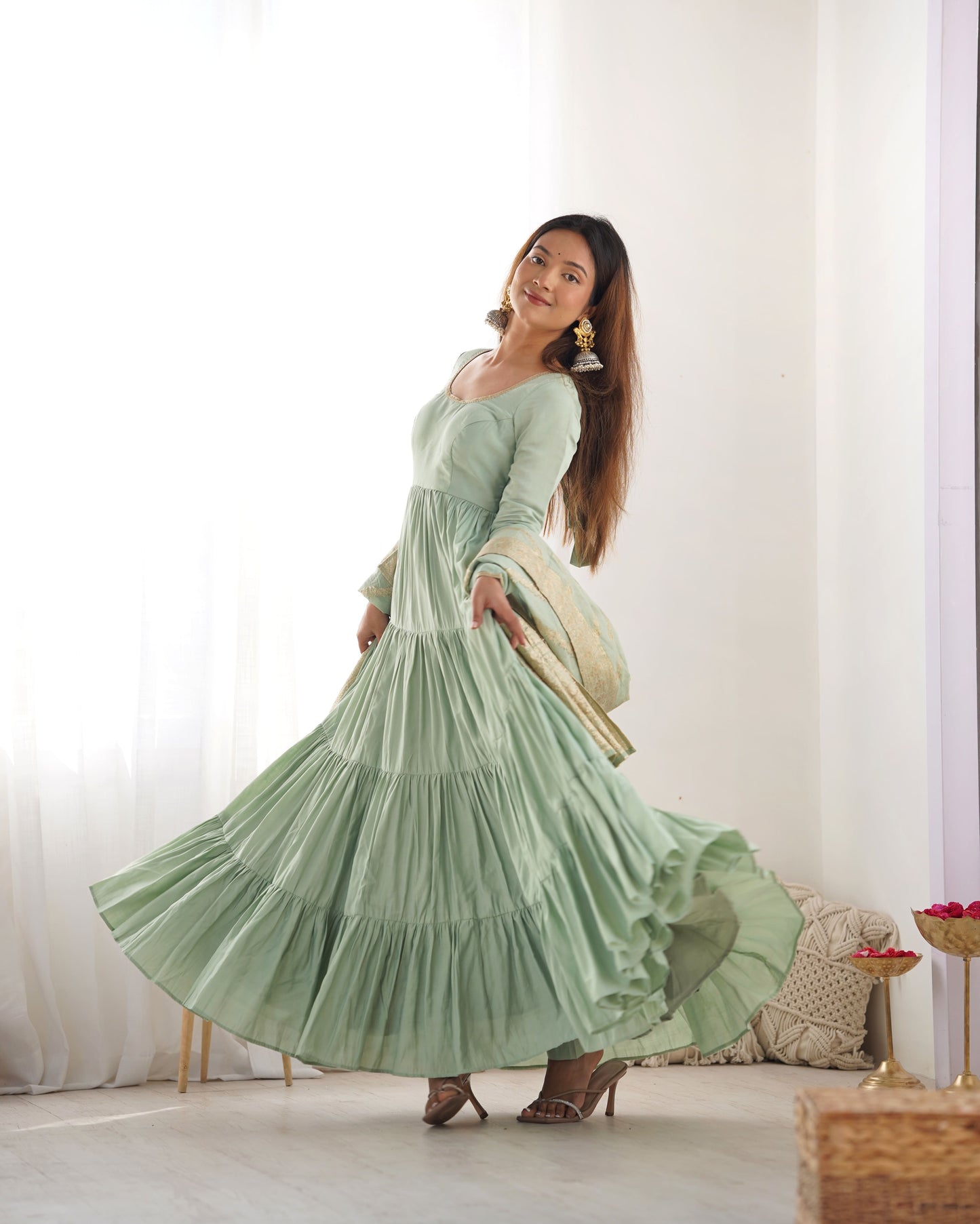 Tiered Anarkali Set in RomanSilk Chanderi with Brocade Dupatta
