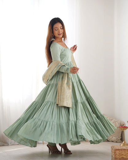 Tiered Anarkali Set in RomanSilk Chanderi with Brocade Dupatta