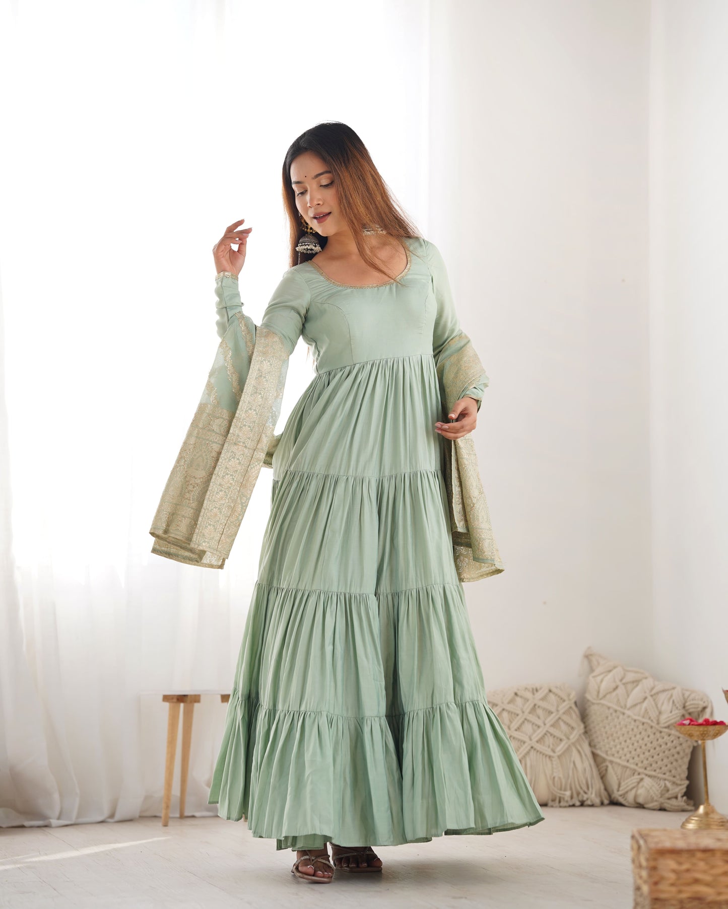 Tiered Anarkali Set in RomanSilk Chanderi with Brocade Dupatta