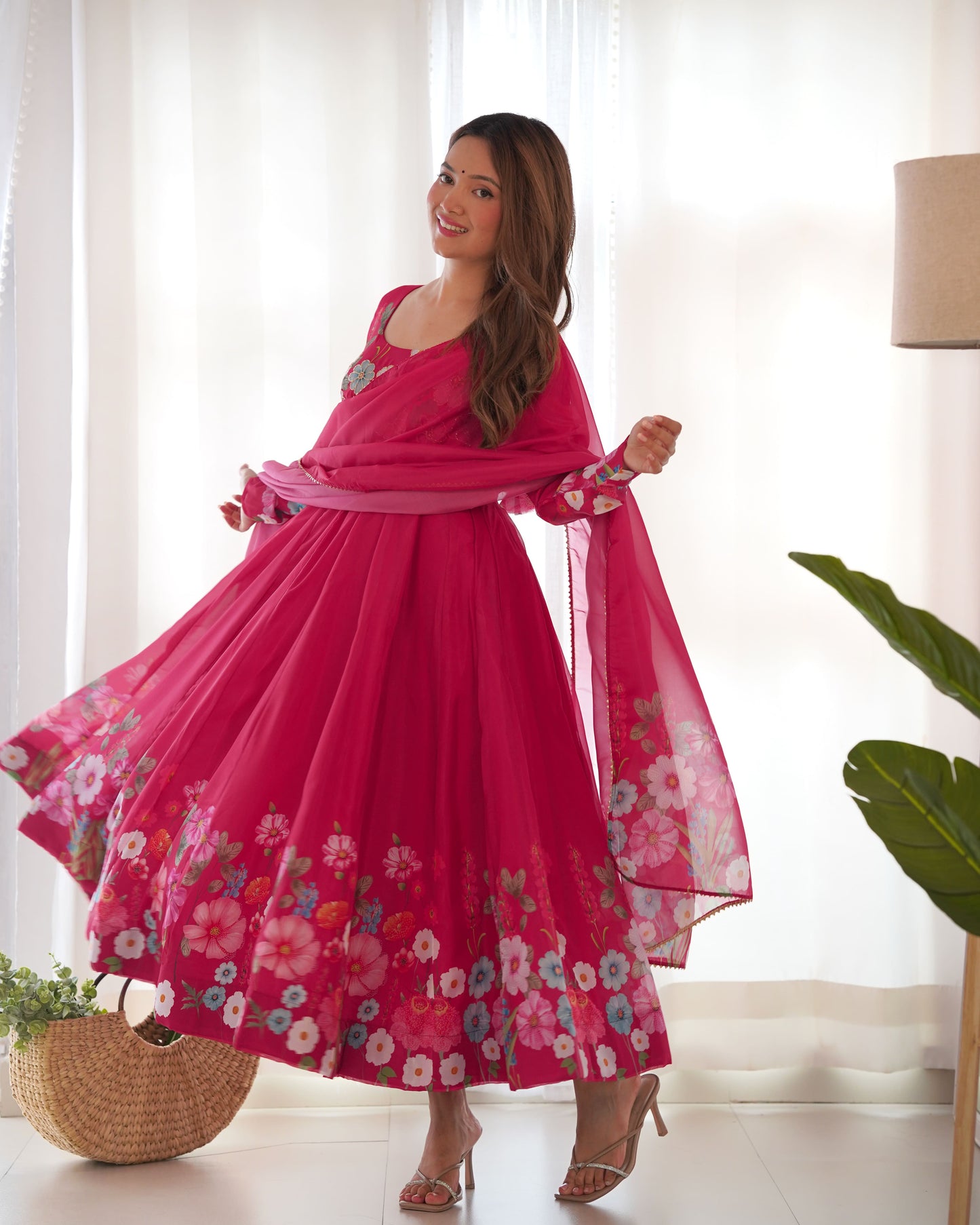 Floral Organza Silk Kali Anarkali Set with Dupatta