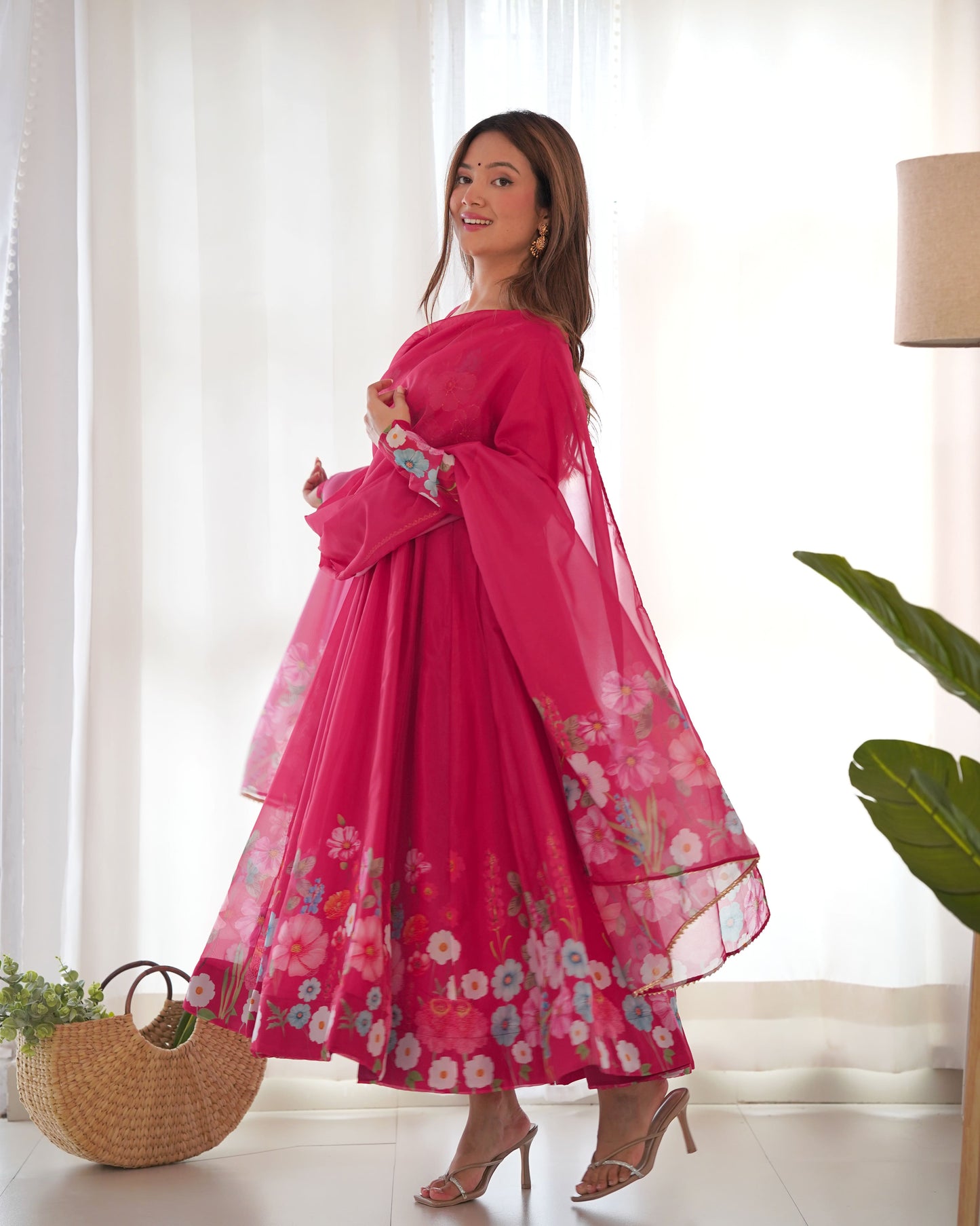 Floral Organza Silk Kali Anarkali Set with Dupatta