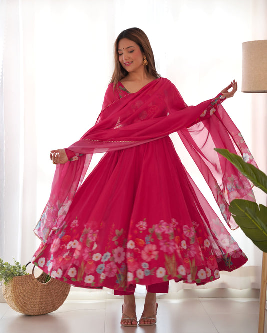 Floral Organza Silk Kali Anarkali Set with Dupatta